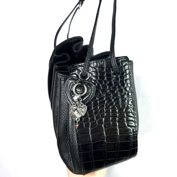 Brighton Black Leather Croc Embossed Drawstring Bucket Bag Purse Crossbody Cinch - Picture 4 of 7